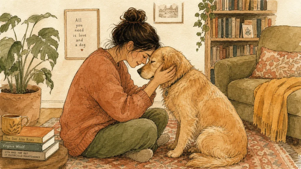 Watercolor illustration of a person and their dog gently touching foreheads in a warm, cozy living room.