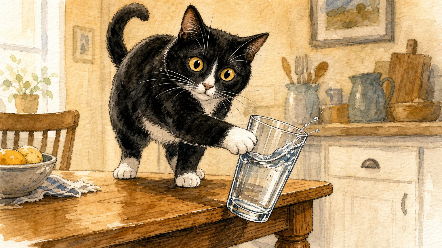 Watercolor illustration of a tuxedo cat nudging a glass of water off the edge of a table.