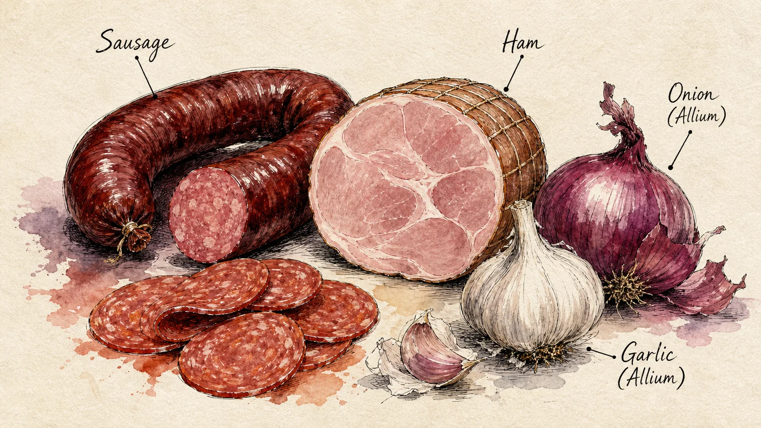 Watercolor illustration of sausage, ham, garlic, and onion with labels, indicating toxic processed foods for dogs.