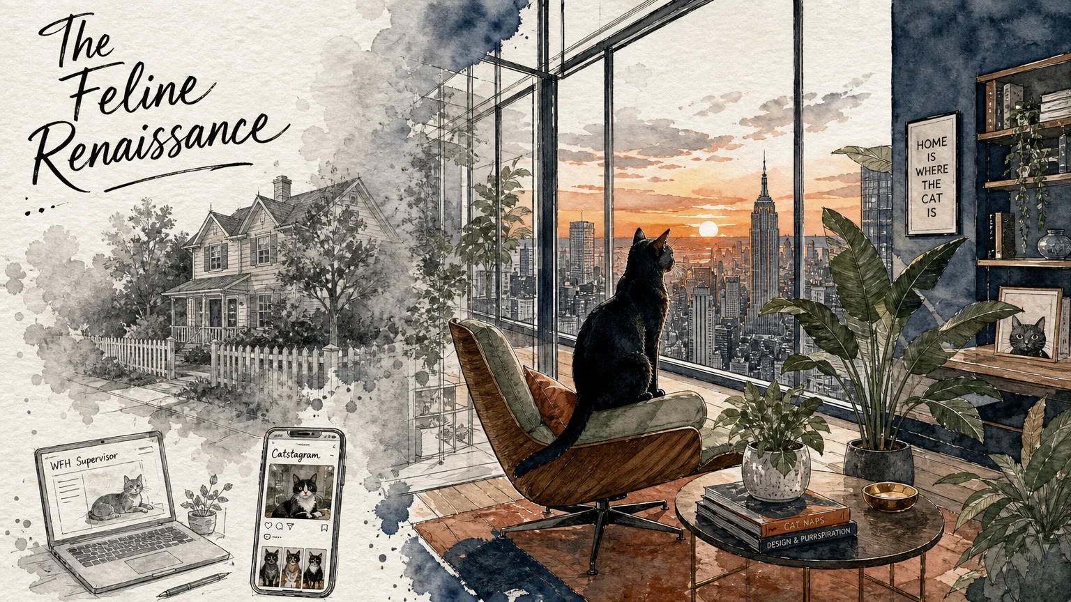 Watercolor illustration showing a cat in a modern urban apartment overlooking a city, symbolizing the shift to feline ownership.