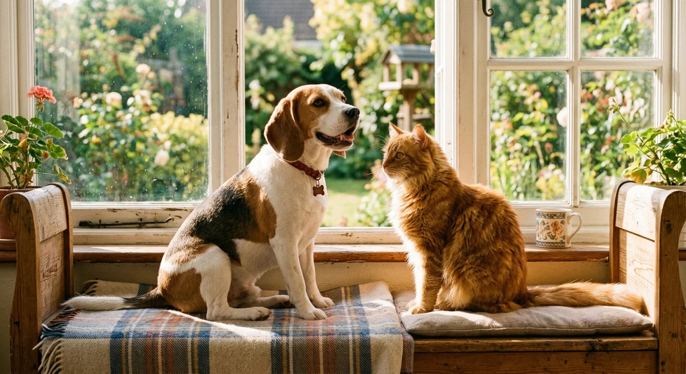 A Beagle and a ginger cat sitting side-by-side on a window bench looking outside together.