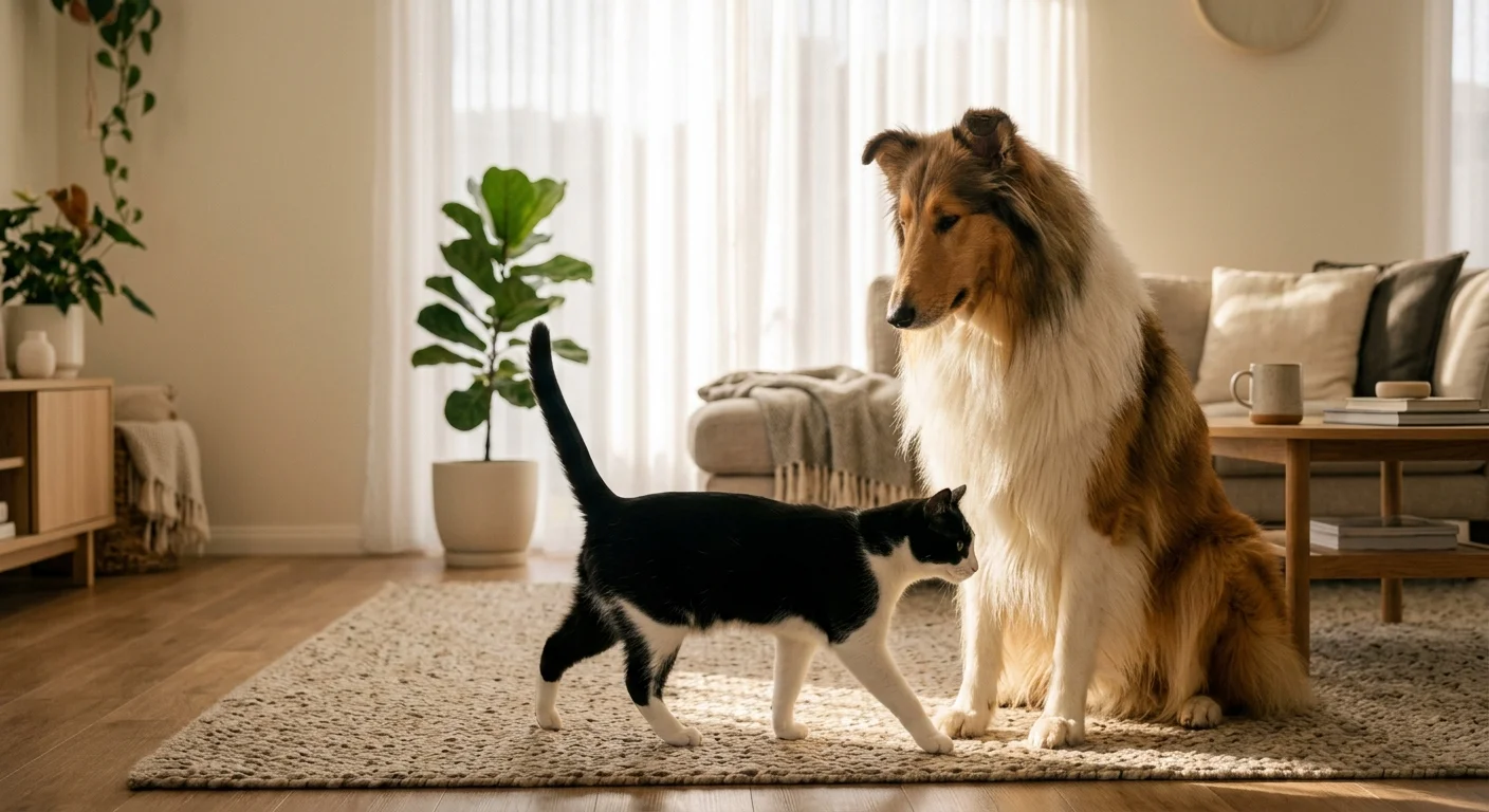 A beautiful rough-coated Collie sitting calmly as a tuxedo cat walks past its paws in a sunny room.