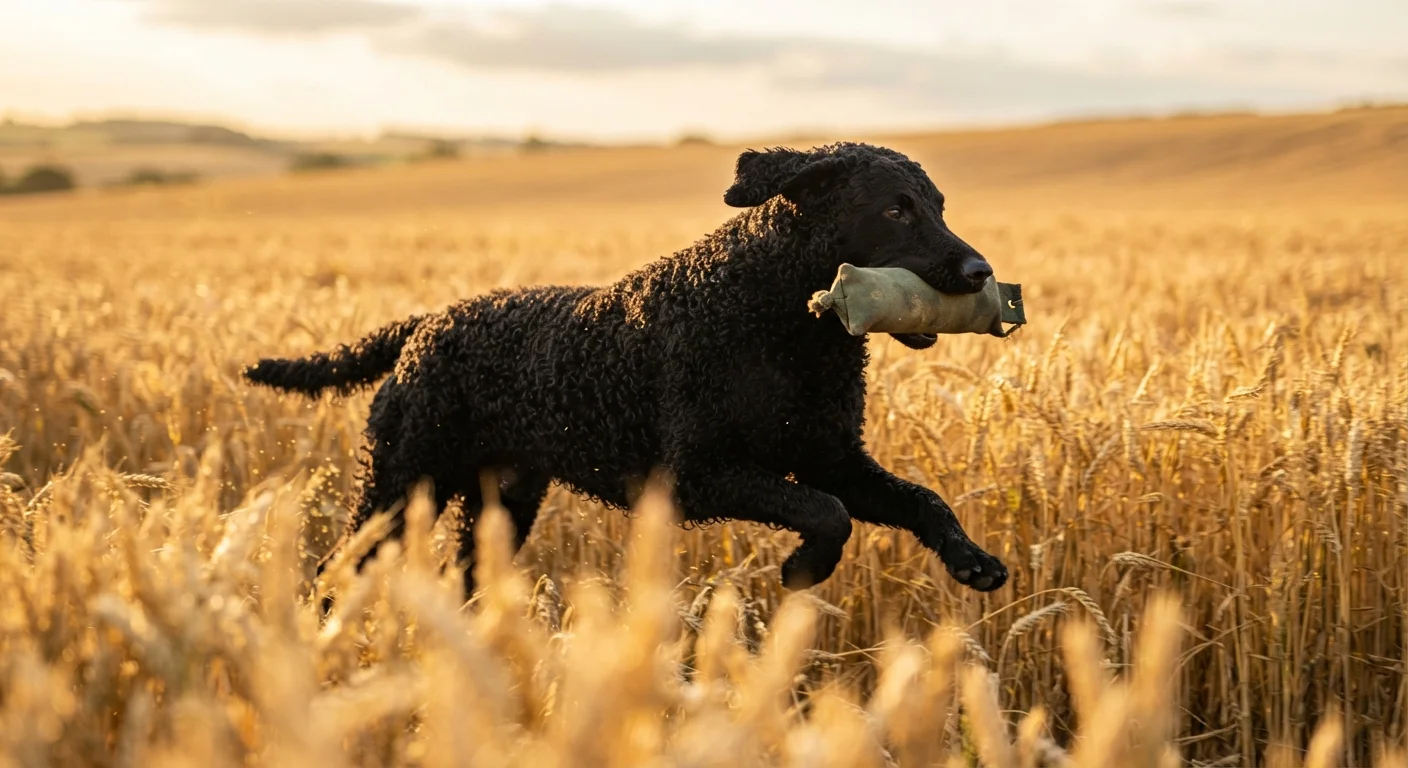 A black Curly-Coated Retriever running through a golden wheat field with a training bumper.