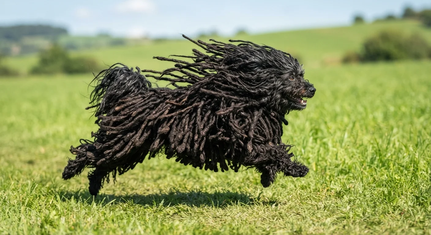 A black Puli running through a green field with its long, rope-like cords flying in the air.