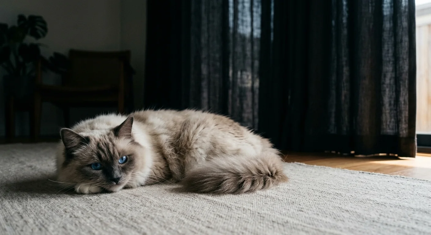 A blue-eyed Ragdoll cat resting in the cool shadows of a room with heavy curtains drawn to block the hot summer sun.