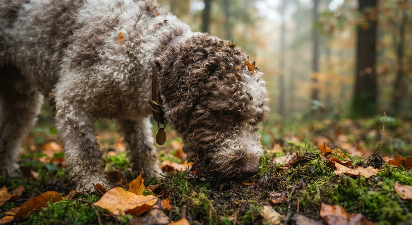A brown-and-white Lagotto Romagnolo sniffing damp leaves in a misty autumn forest.
