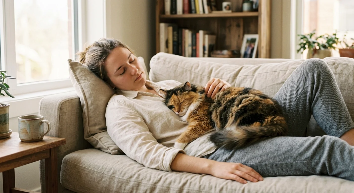A candid photo of a person relaxing on a couch with a calico cat sleeping peacefully on their chest in a warm, sunlit room.