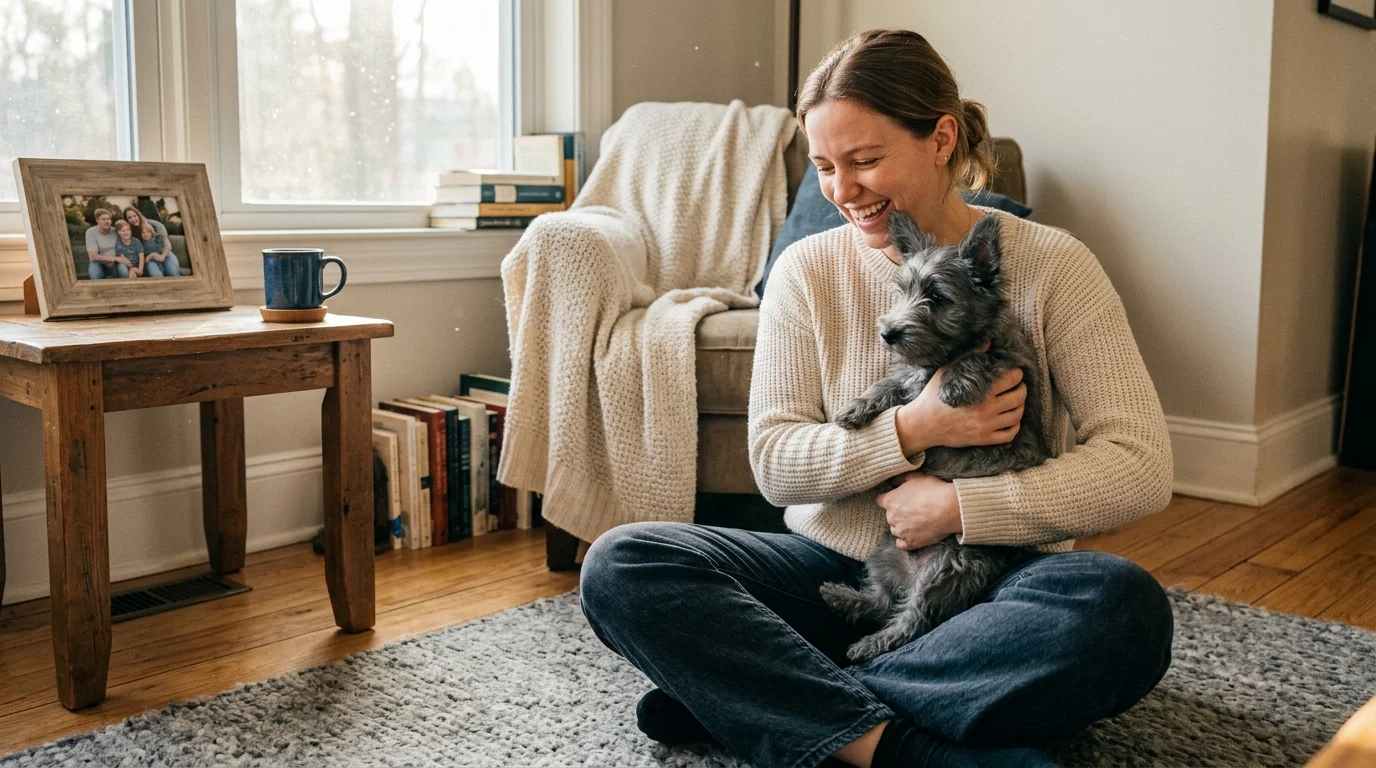 A candid smartphone-style photo of a person happily holding a rare terrier puppy in a cozy, sunlit living room.
