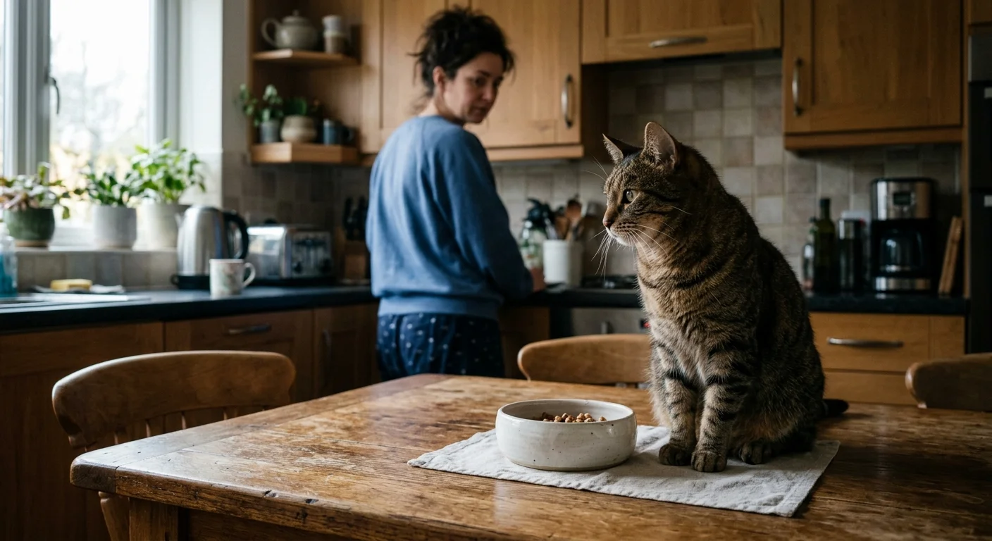 A candid snapshot of a brown tabby cat sitting on a kitchen table, with its owner watching it closely with gentle concern.
