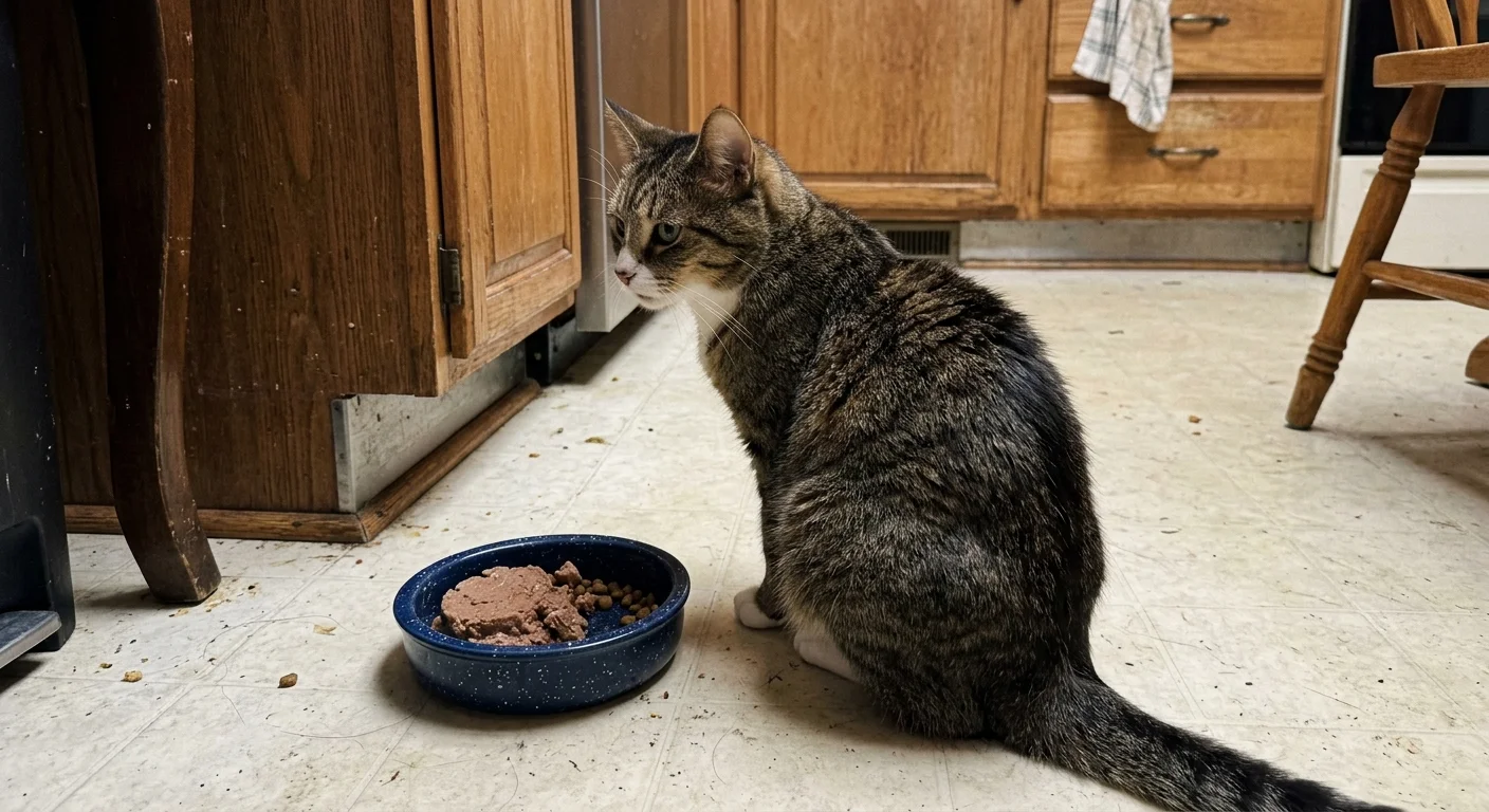 A cat on a kitchen floor turns its head away from a bowl of food, showing a lack of appetite.