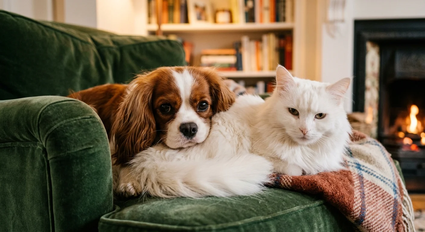 A Cavalier King Charles Spaniel and a white cat cuddled up together on a velvet armchair.