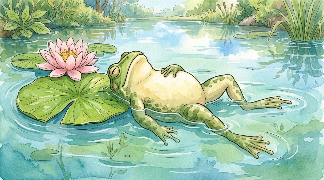 A charming gouache illustration of a green bullfrog floating limply on its back next to a pink water lily.