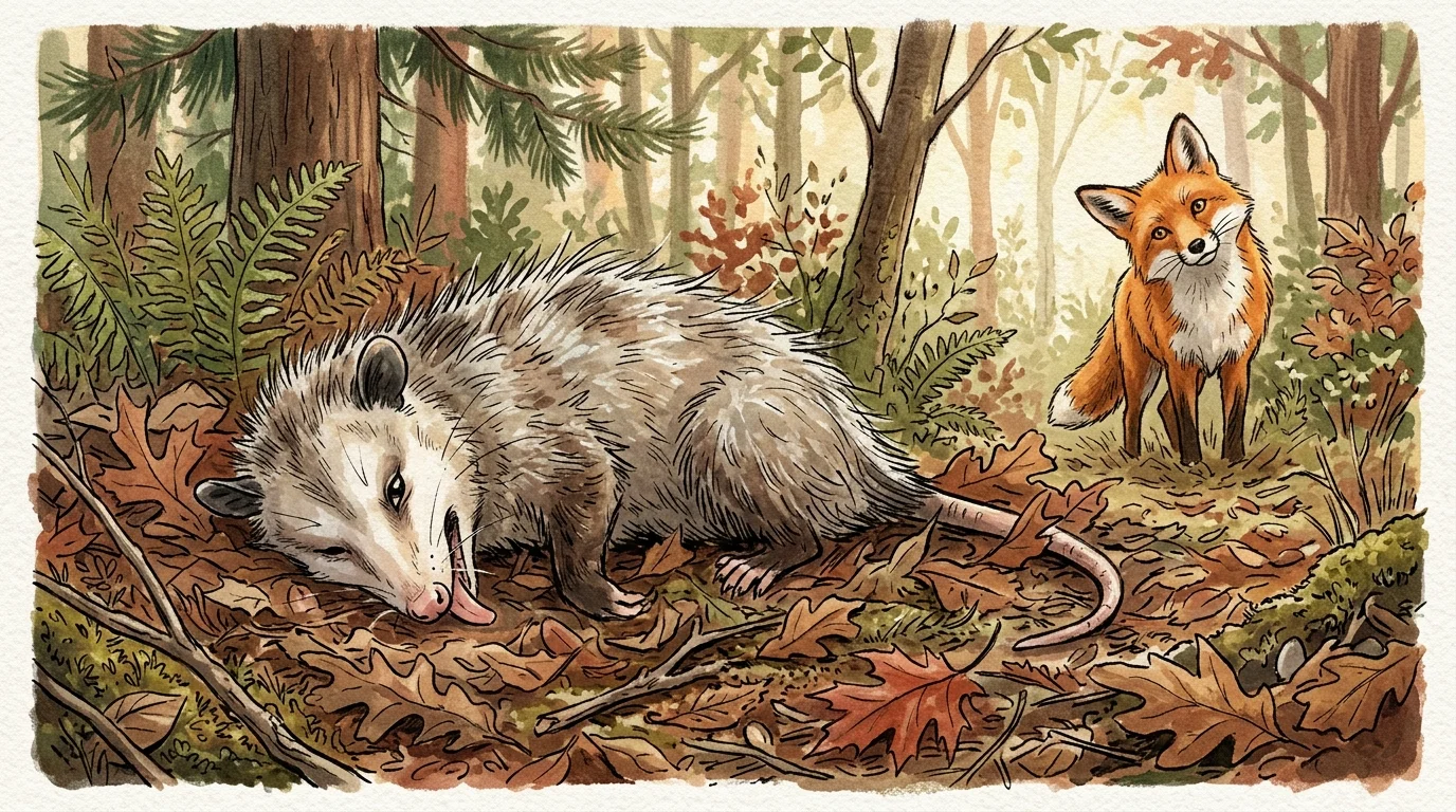 A charming gouache illustration of an opossum playing dead on the forest floor while a curious fox sniffs it from a distance.