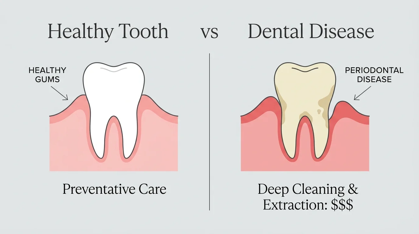 A clean anatomical diagram comparing a healthy pet tooth to one with periodontal disease, highlighting the high cost of neglect.