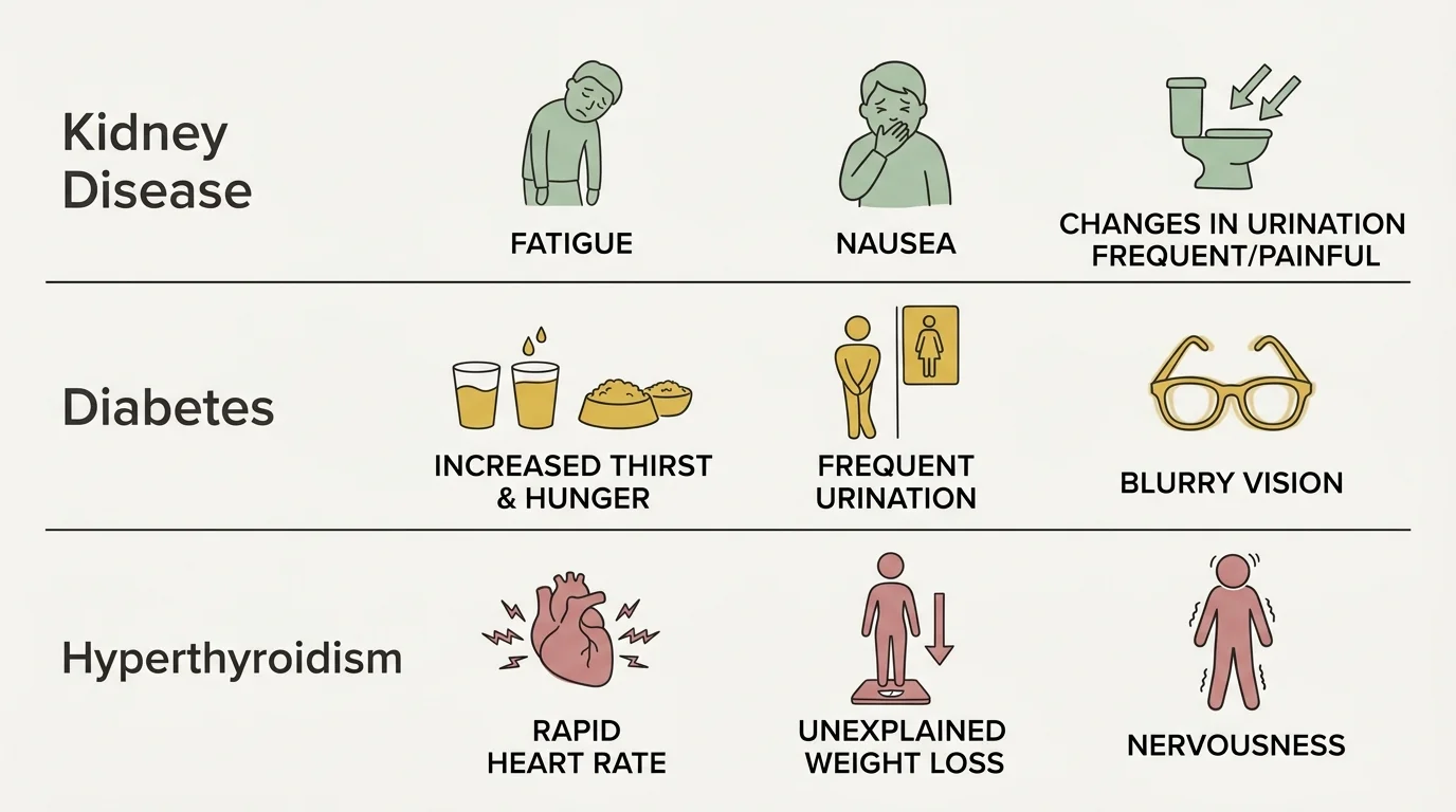 A clean comparison chart comparing symptoms of Kidney Disease, Diabetes, and Hyperthyroidism in cats.