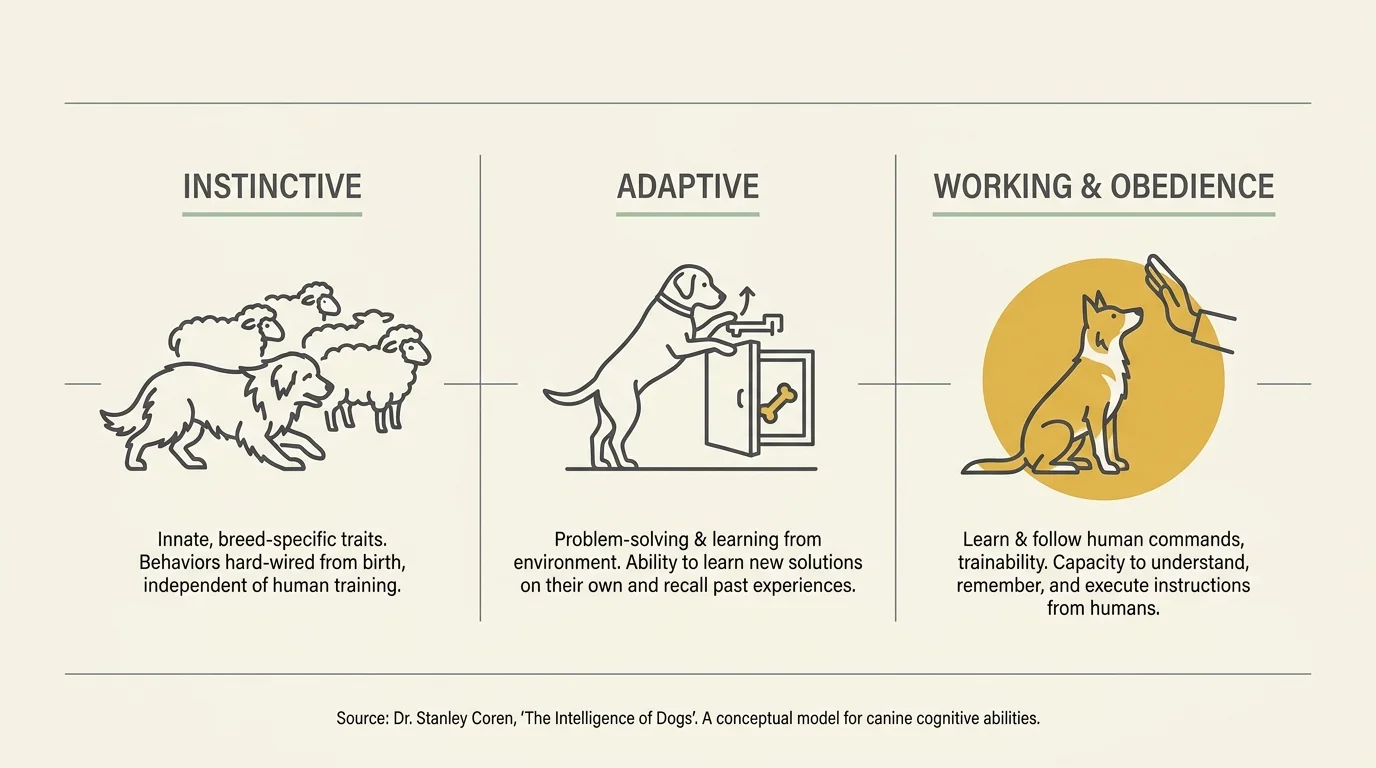 A clean diagram illustrating the three types of canine intelligence: Instinctive, Adaptive, and Working & Obedience.