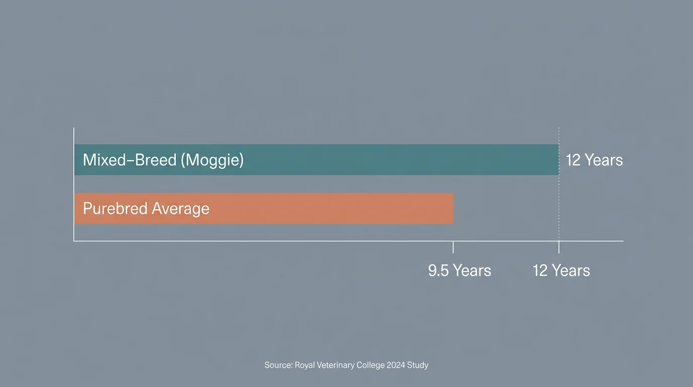 A clean horizontal bar chart comparing the average lifespan of mixed-breed cats (12 years) against purebred cats (9.5 years).