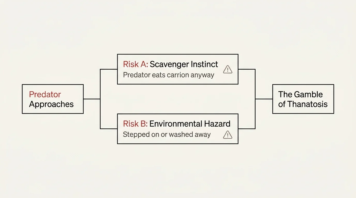A clean horizontal flowchart diagram illustrating the risks of playing dead, including scavenger instincts and environmental hazards.