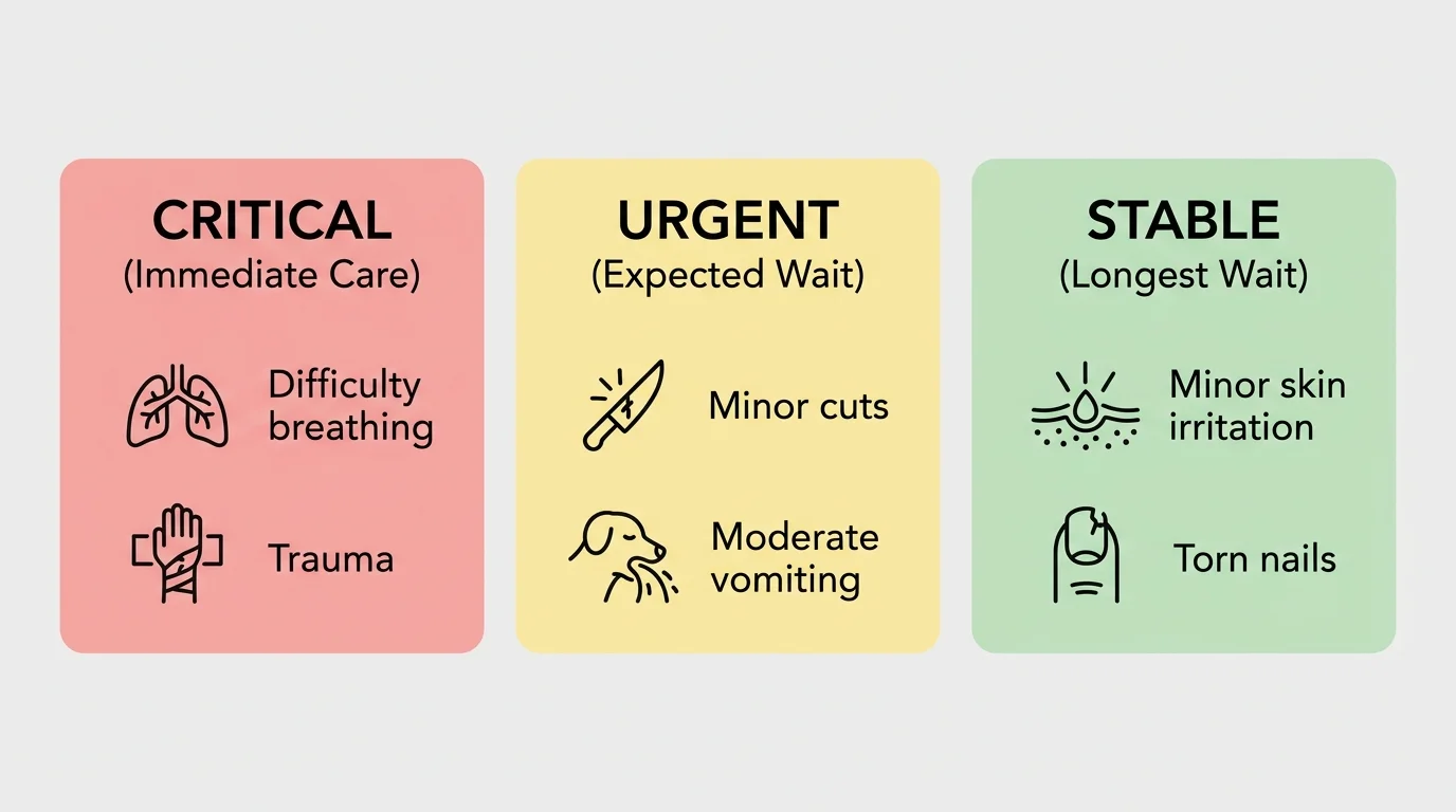 A clean horizontal infographic illustrating veterinary emergency triage levels from critical to stable.