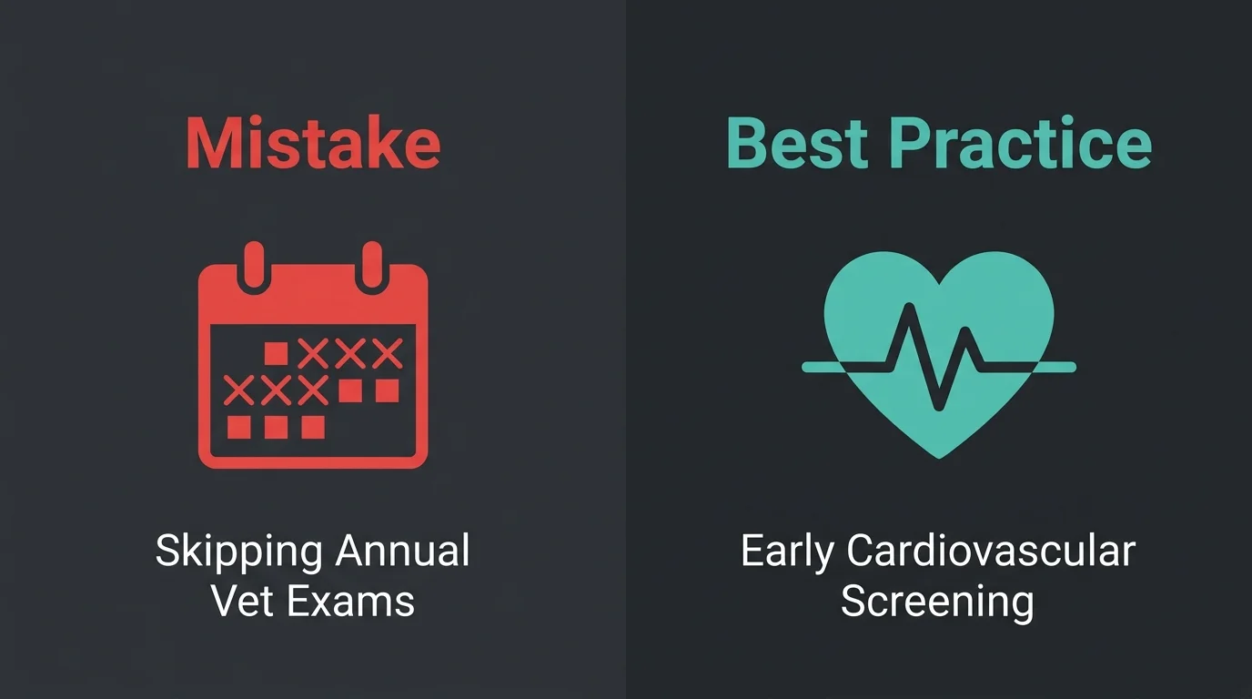 A clear infographic diagram contrasting the mistake of skipping vet exams with the best practice of early heart screening.