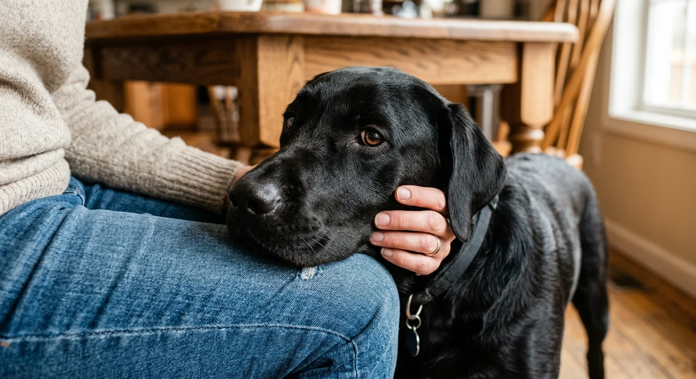 A close-up of a black Labrador Retriever resting its chin on an owner's knee under a wooden table.