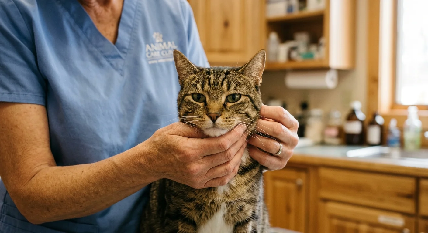 A close-up of a veterinarian's hands gently cradling a cat's chin during a veterinary examination.