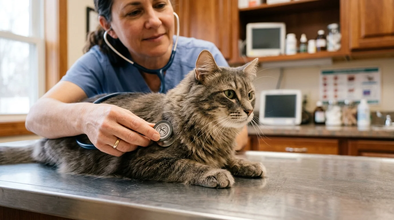 A close-up of a vet's hands using a stethoscope to check a calm tabby cat's heart on a steel table.