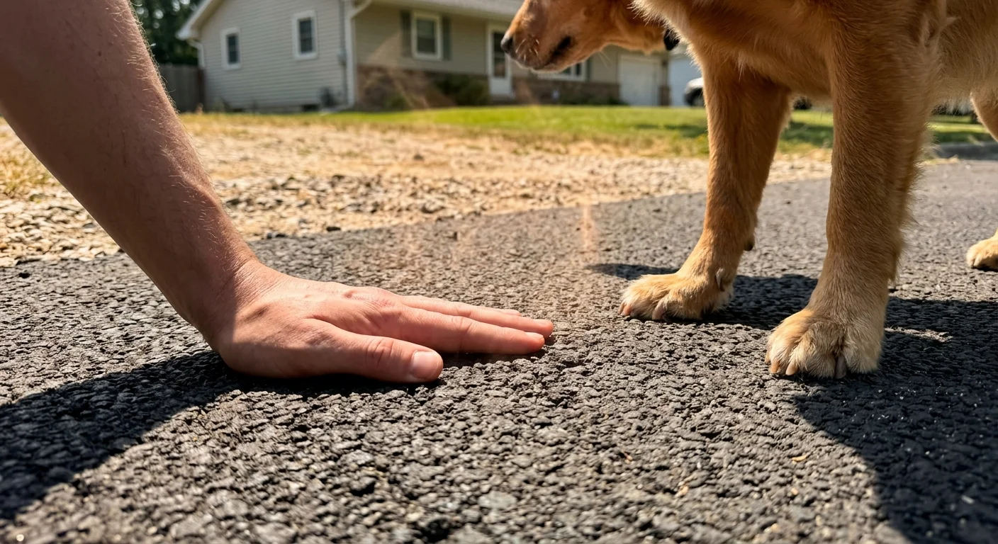 A close-up photograph of a hand testing the temperature of hot asphalt next to a dog's paws.
