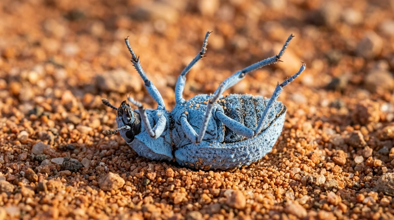 A close-up photograph of a powdery blue death-feigning beetle lying stiffly on its back in the warm desert sand.