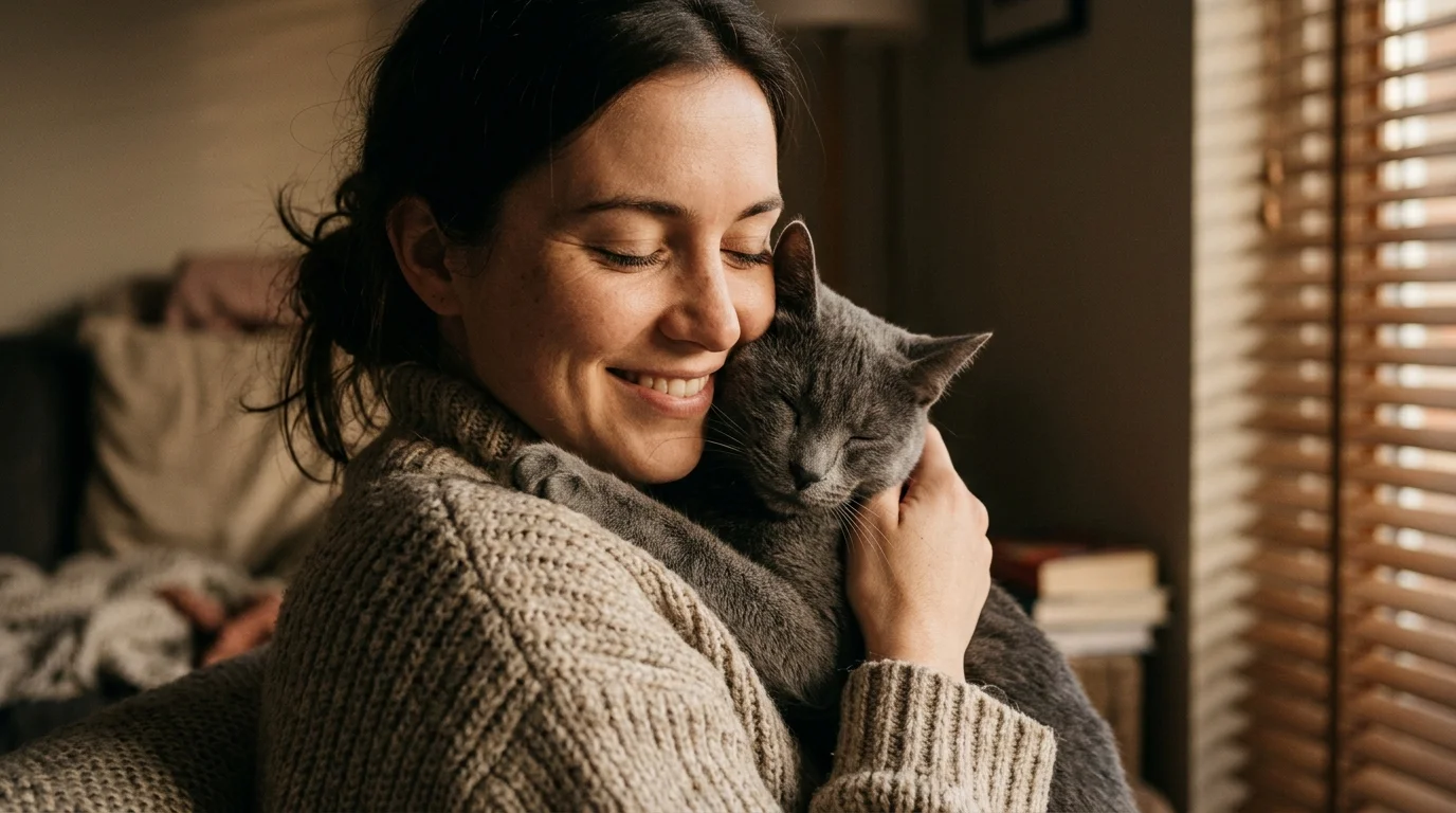 A close-up photograph of a woman smiling with her eyes closed, holding a grey cat close to her face in warm, soft lighting.