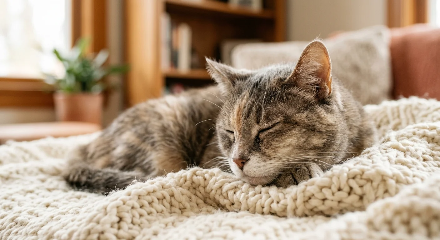 A close-up portrait of a senior cat resting on a knitted blanket, captured in soft, warm natural light.