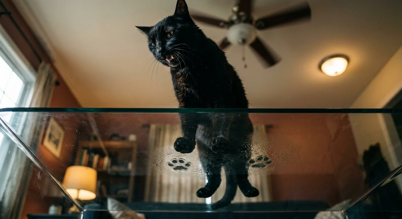 A close-up shot from under a glass table showing damp sweat marks left by a cat's paw pads as it tries to cool down.