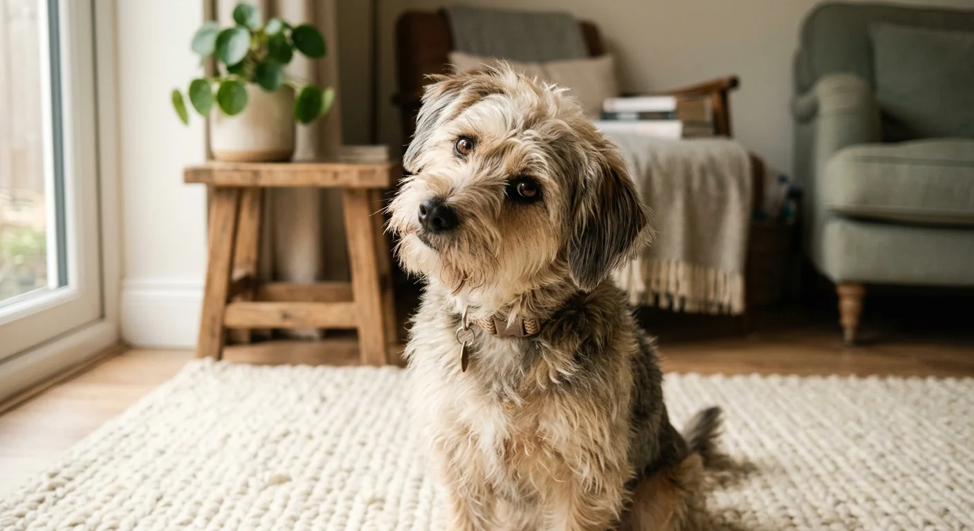 A close-up shot of a fluffy scruffy dog tilting its head in a cozy living room with soft window lighting.