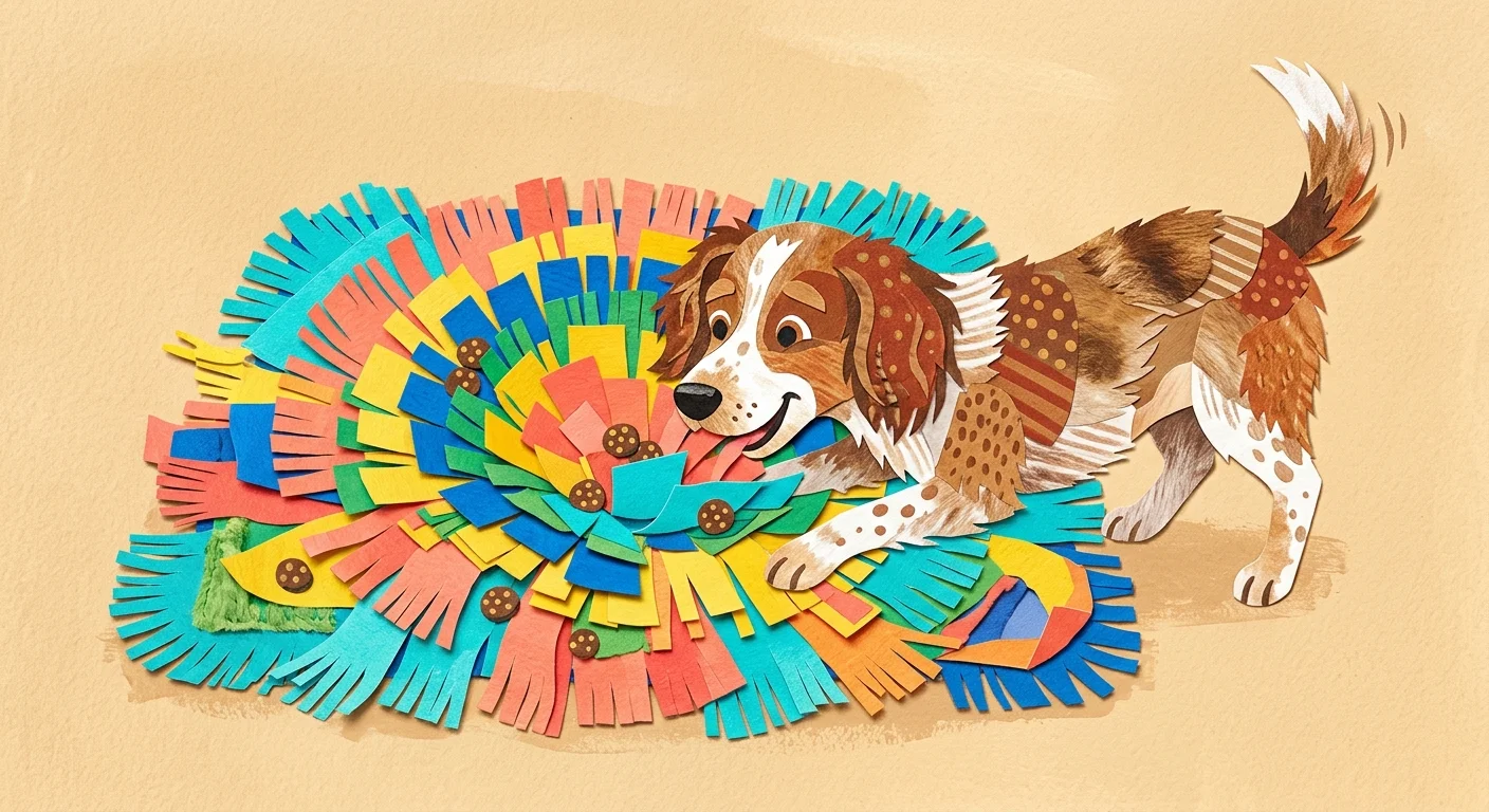 A colorful cut-paper collage illustration showing a dog finding treats inside a textured snuffle mat.