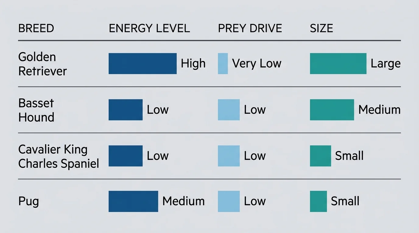 A comparison chart comparing the energy level, prey drive, and size of several cat-friendly dog breeds.