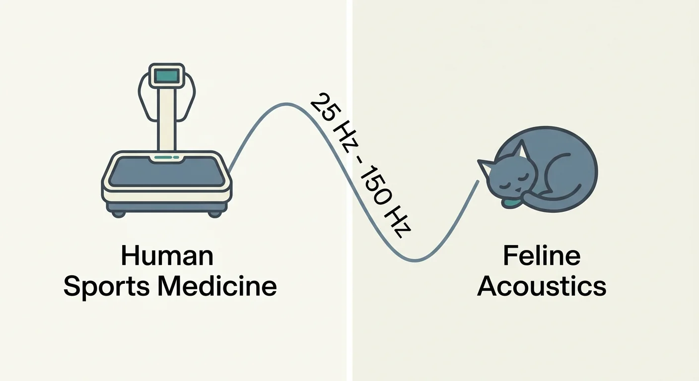 A comparison diagram showing a physical therapy vibration plate on the left and a cat on the right, linked by a 25 to 150 Hz wave.