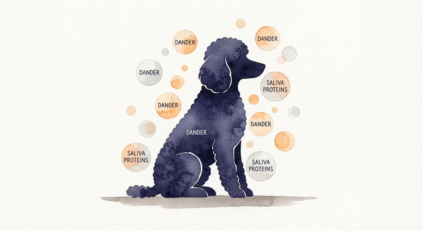 A conceptual watercolor illustration of a curly dog silhouette with floating circles labeled 'Dander' and 'Saliva Proteins'.