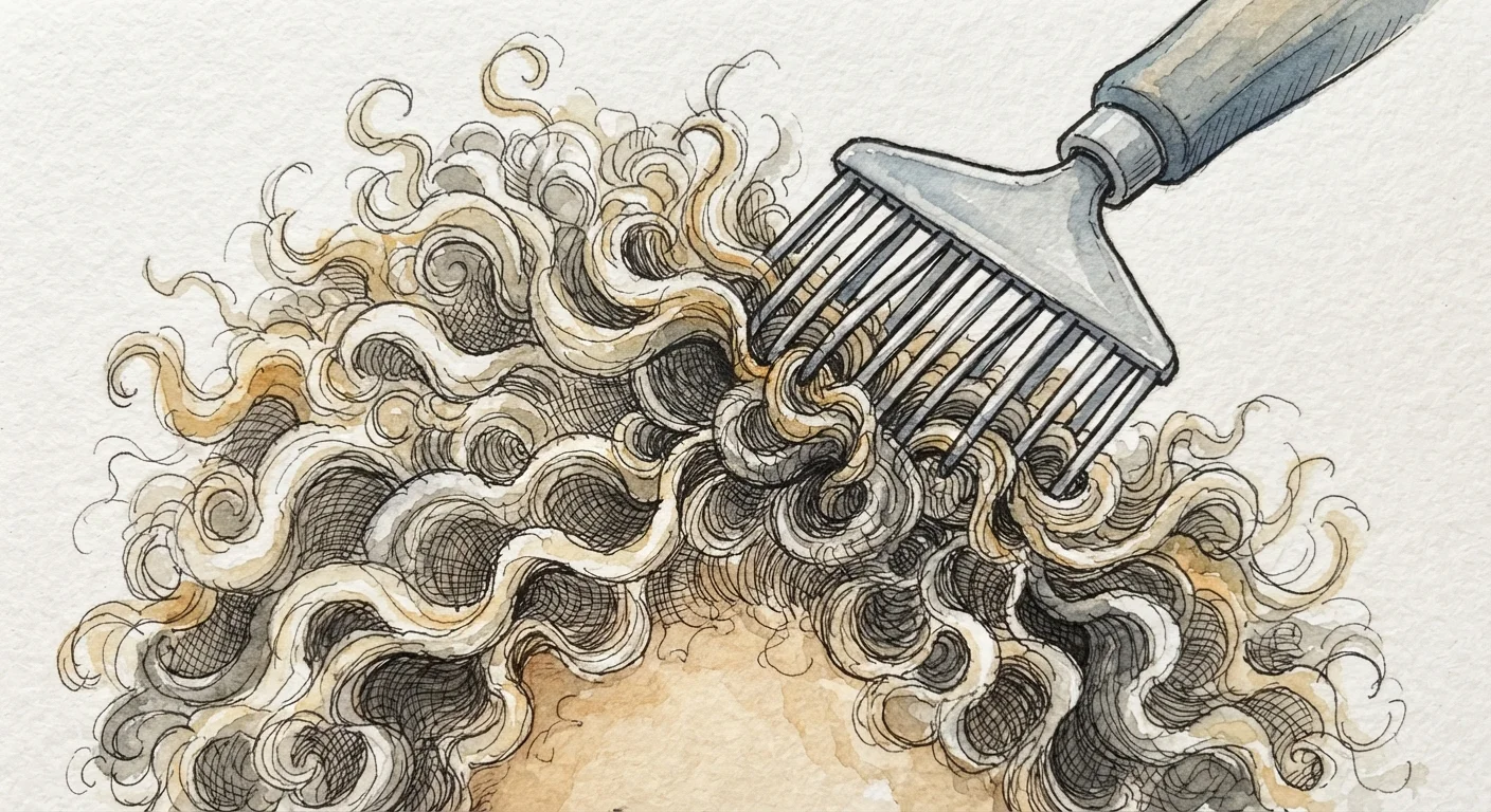 A conceptual watercolor illustration of a metal comb gently untangling a dense web of curly golden fibers.