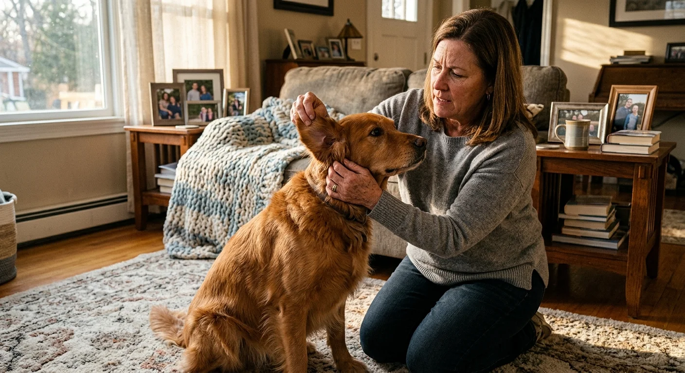A concerned owner gently checking their golden retriever's ear in a naturally lit, cozy living room.