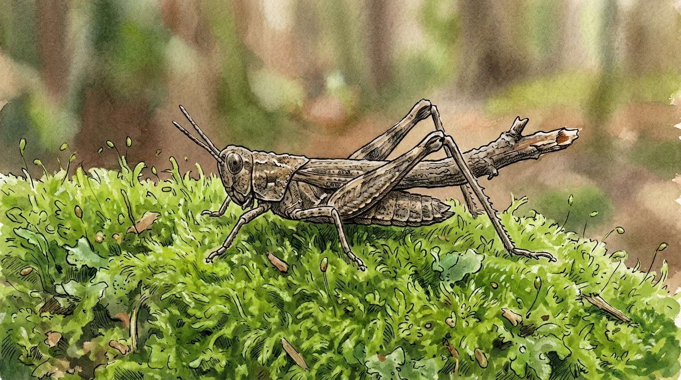 A cozy gouache illustration of a mottled brown pygmy grasshopper mimicking a twig on a bed of green moss.
