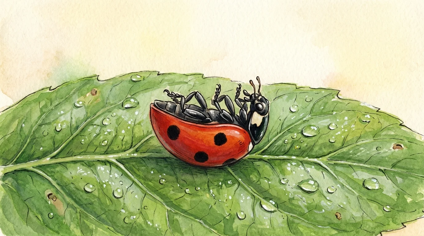 A cute gouache illustration of a red ladybug tucked tightly and lying upside down on a bright green leaf.
