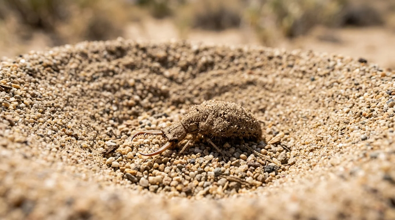 A detailed macro photograph of a dusty antlion larva lying frozen in its sandy, cone-shaped pit trap.