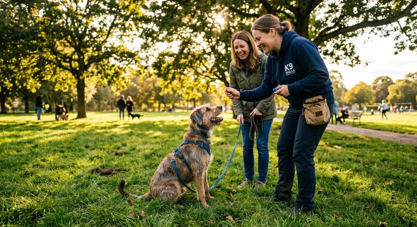 A dog trainer and an owner work together with a happy, attentive dog in a sunny park using positive reinforcement.