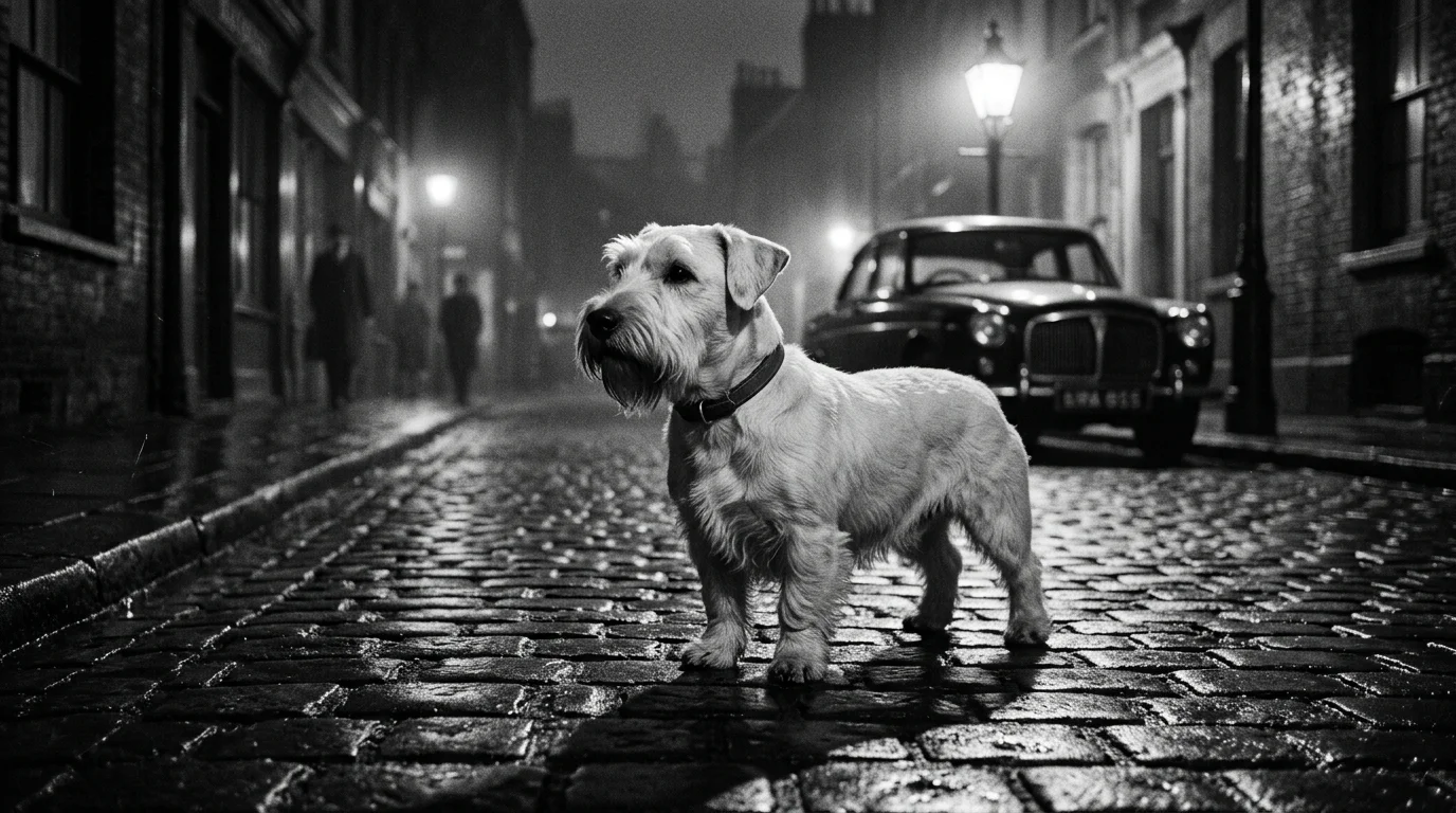 A dramatic black and white film photo of a white Sealyham Terrier on a misty, rain-slicked London street.