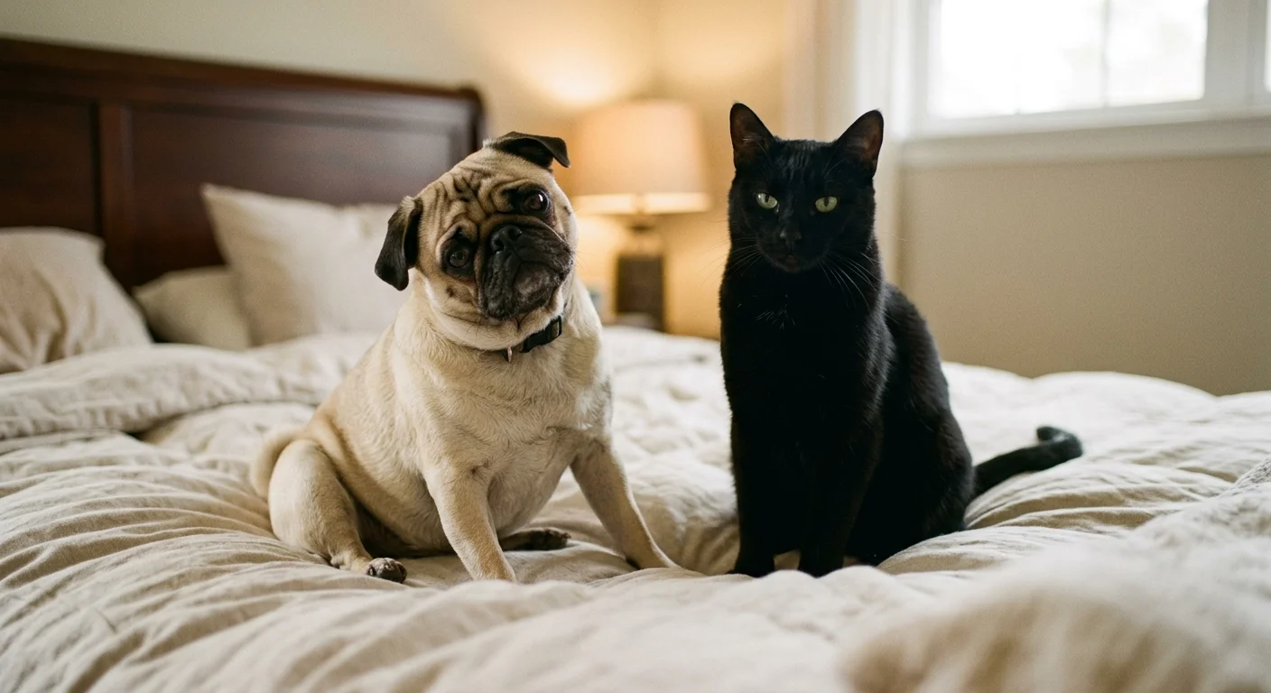 A fawn Pug with a tilted head sitting next to a sleek black cat on a bed.
