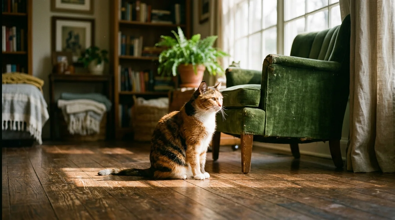 A fluffy domestic cat sitting in a warm patch of sunlight on a wooden floor next to a green velvet chair in a cozy living room.