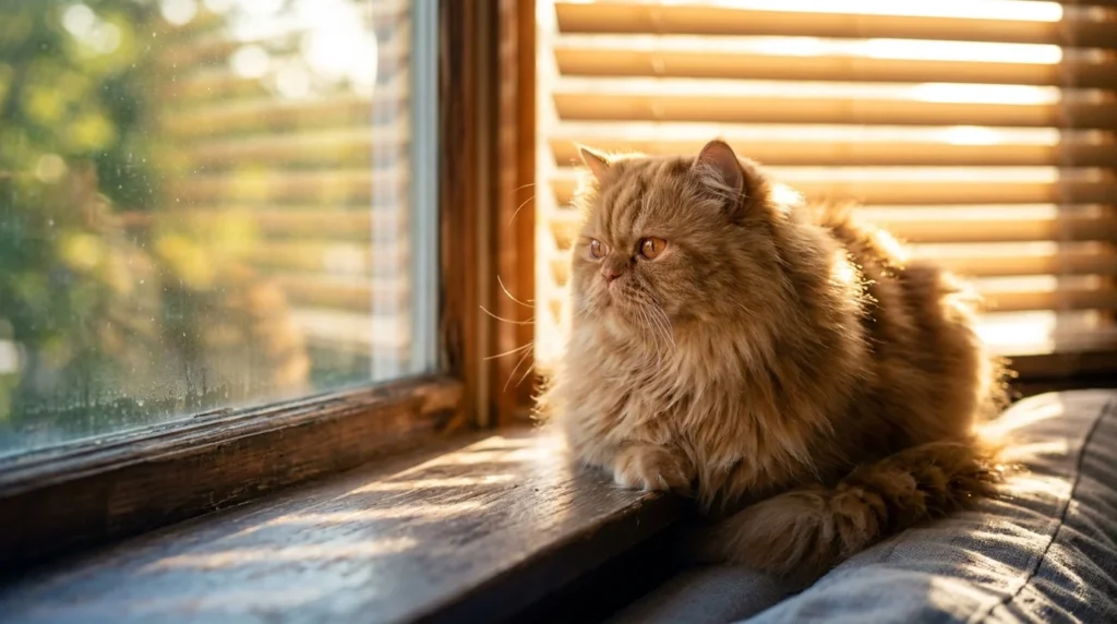 A fluffy ginger Persian cat looking out of a sunlit window from inside a cool, shaded room.