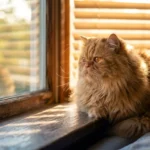 A fluffy ginger Persian cat looking out of a sunlit window from inside a cool, shaded room.