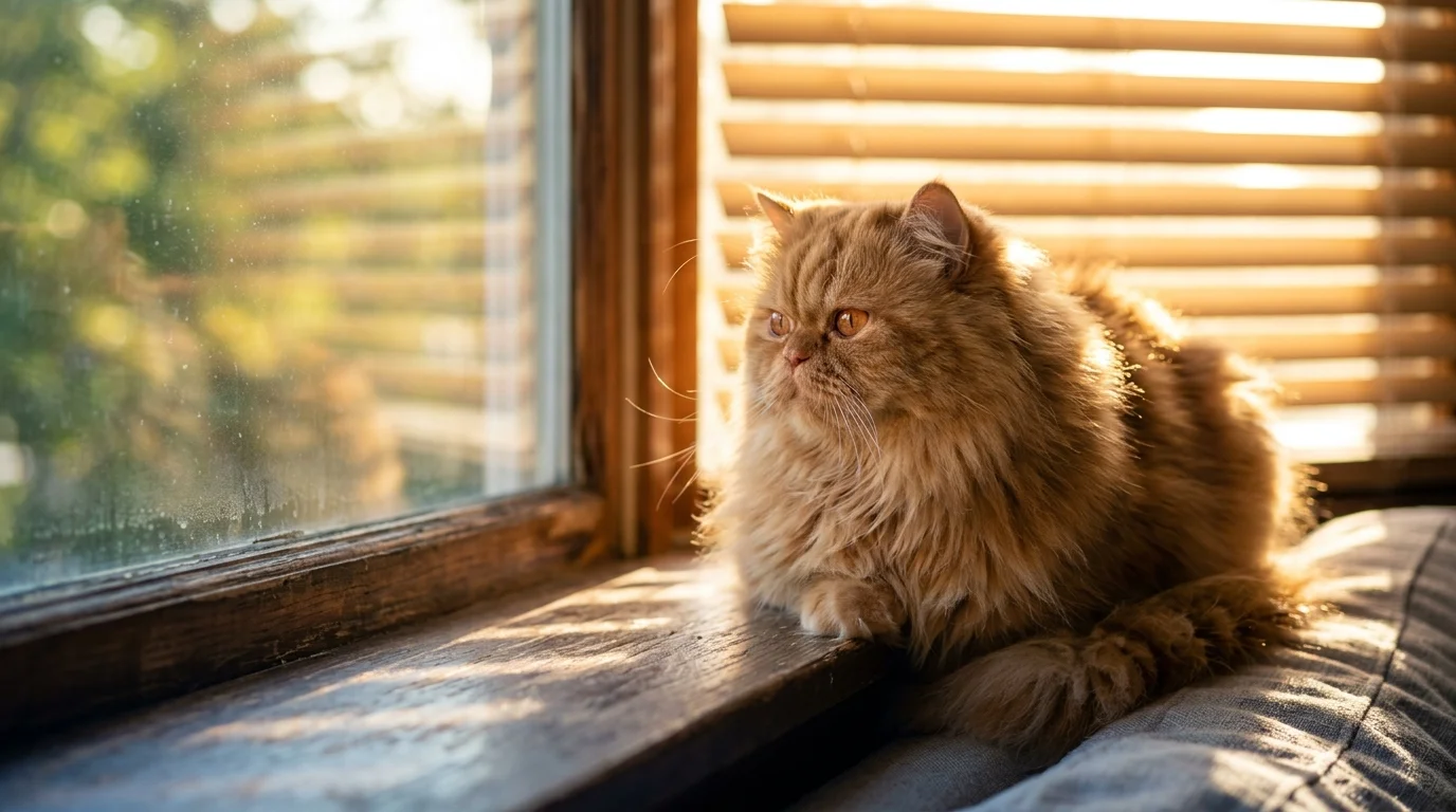 A fluffy ginger Persian cat looking out of a sunlit window from inside a cool, shaded room.
