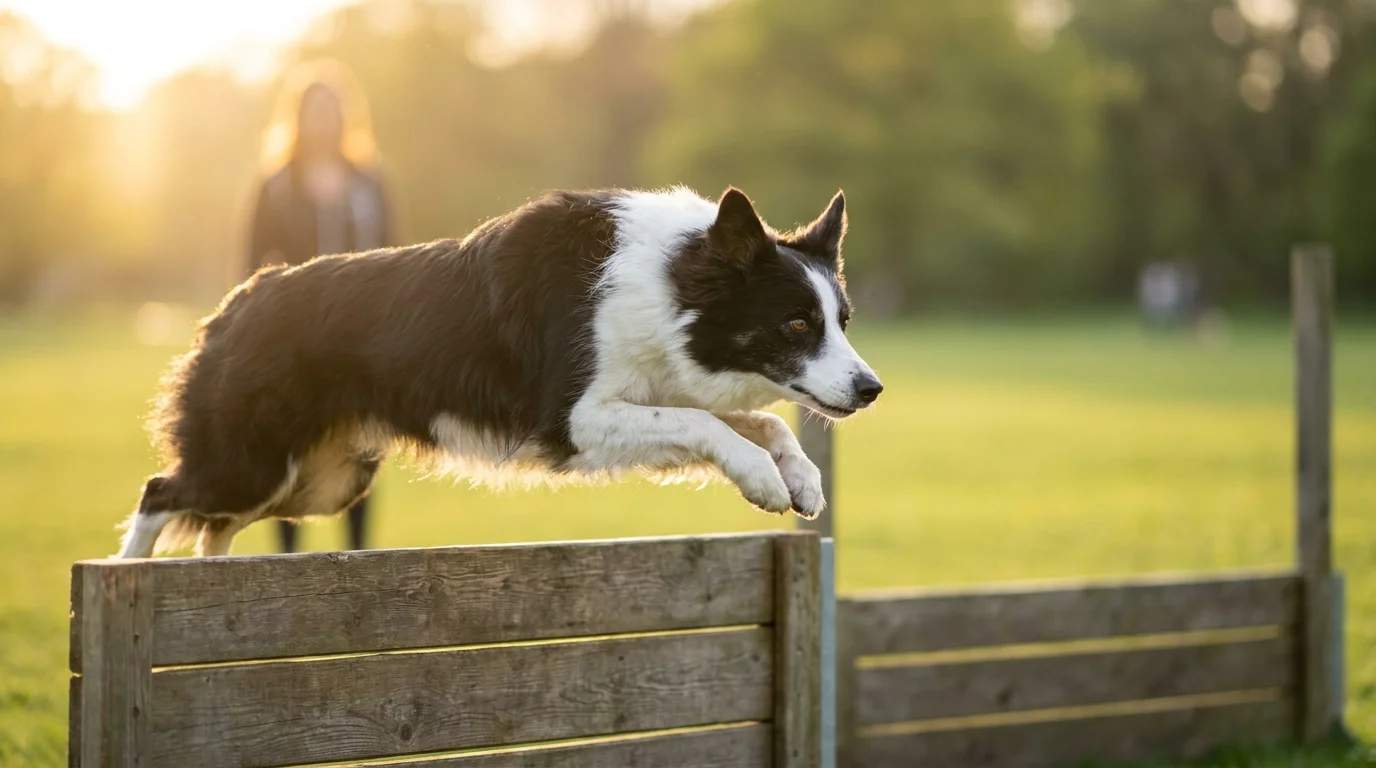 A focused Border Collie leaps over a wooden hurdle on a grassy field during golden hour.